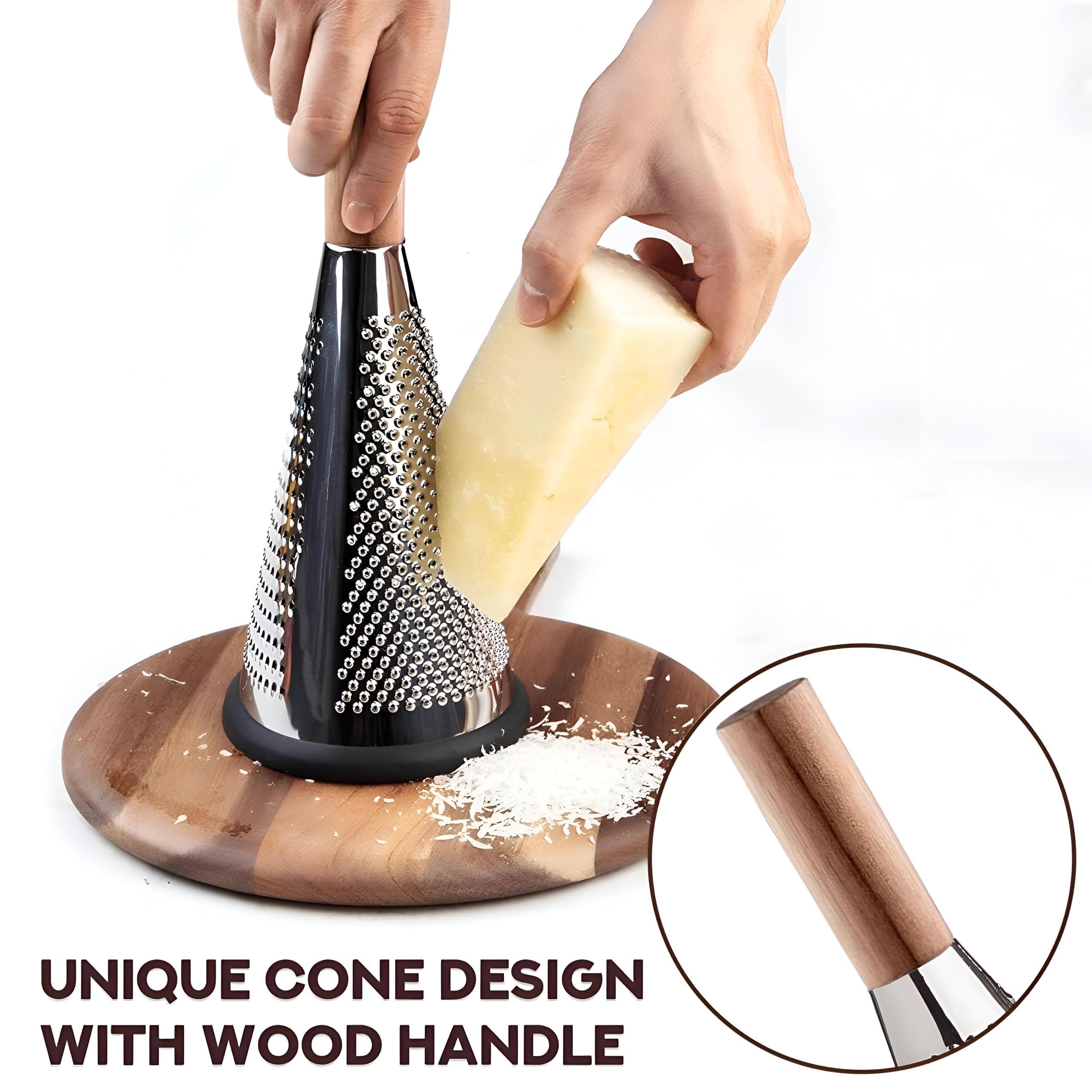 Vegetable Grater - Tri-Face Stainless Steel Grater with Wooden Handle and Versatile Silicone Base for All Types of Vegetables, Nutmeg, and Cheese Shredding