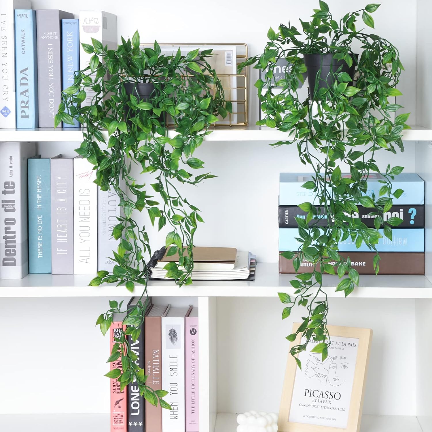 Whonline Artificial Hanging Plants Small Fake Potted Plants, Faux Plants for Indoor Outdoor Aesthetic Office Living Room Shelf Decor