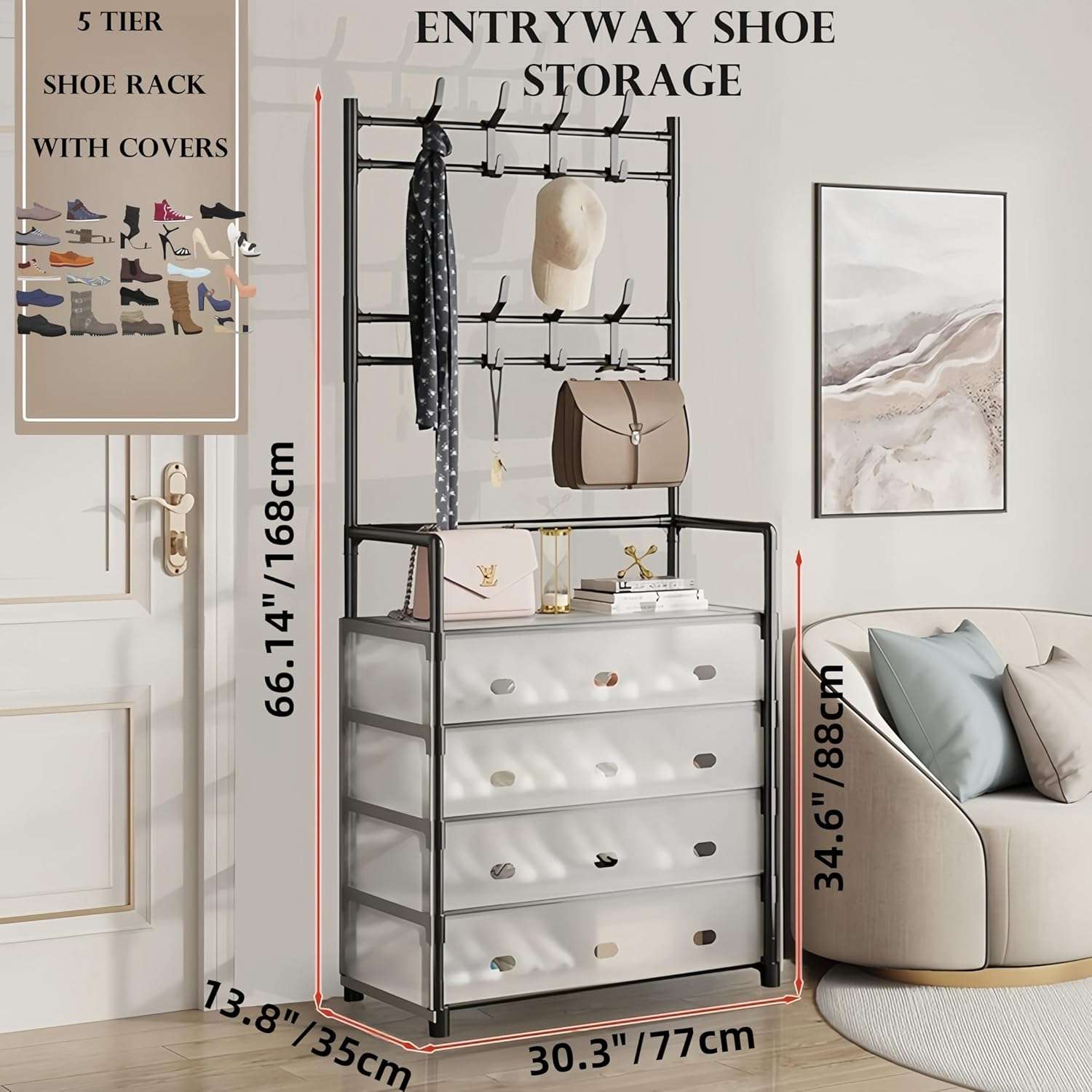 Entryway Shoe Storage, Hall Tree, Portable Coat Rack, 5 Tier Shoe Rack with Covers, Shoe Rack for front Door Entrance, Shoes Organizer, Shoe Stand, with 9 Removable Plastic Hooks, Black